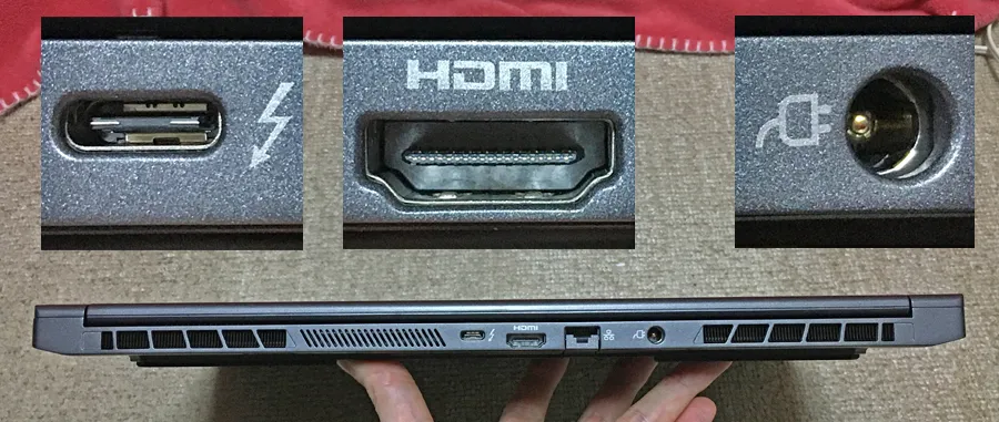 背面側、Thunderbolt3ポート、HDMI1.4ポート、電源アダプターポート、LANポート