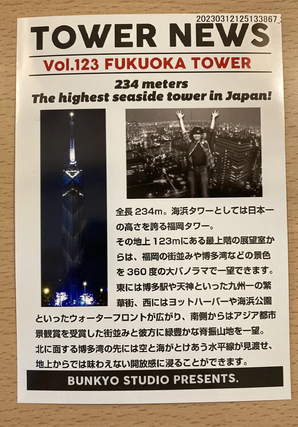 福岡タワーの記念写真。無料だと小さい白黒。有料だと大きい写真。