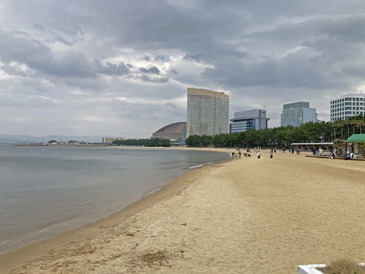 きれいな砂浜ですねぇ。福岡ももち浜。向こうに福岡ドームが見えます。