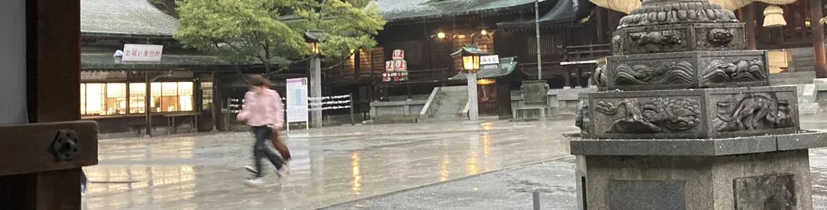 本殿で雨宿りしていたカップルが雨止まないため駆け出し帰る写真